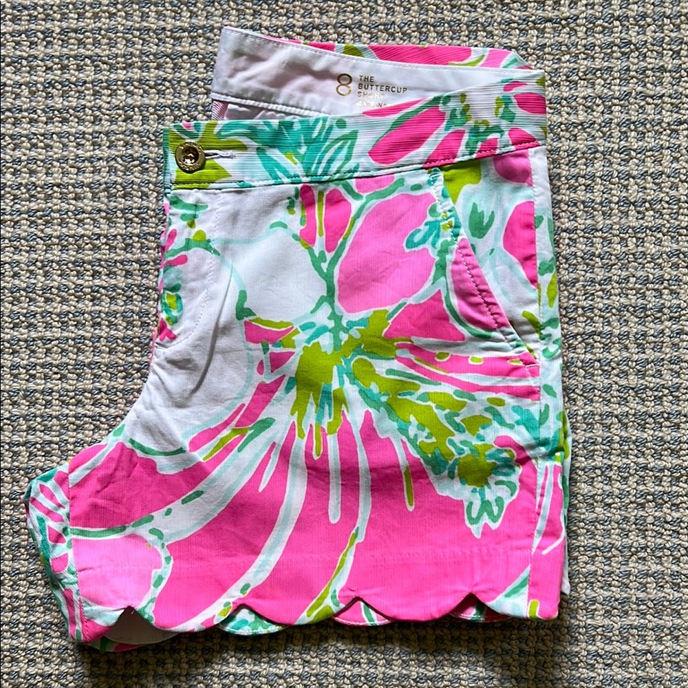 Lilly Pulitzer Pink and Green Bermuda Shorts with Tropical Print